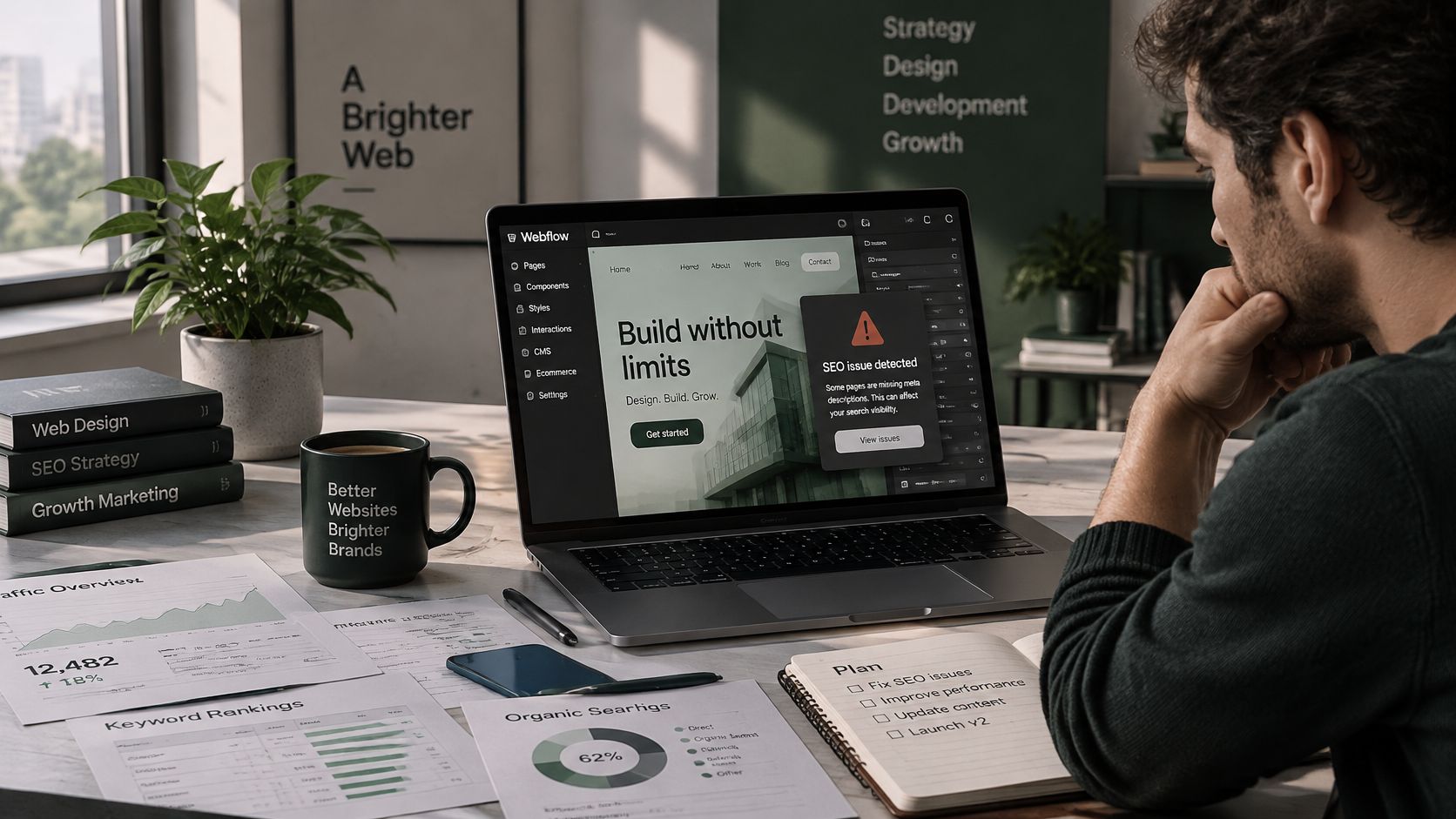 A professional designer working on Webflow on their laptop while checking SEO issues in a bright workspace.