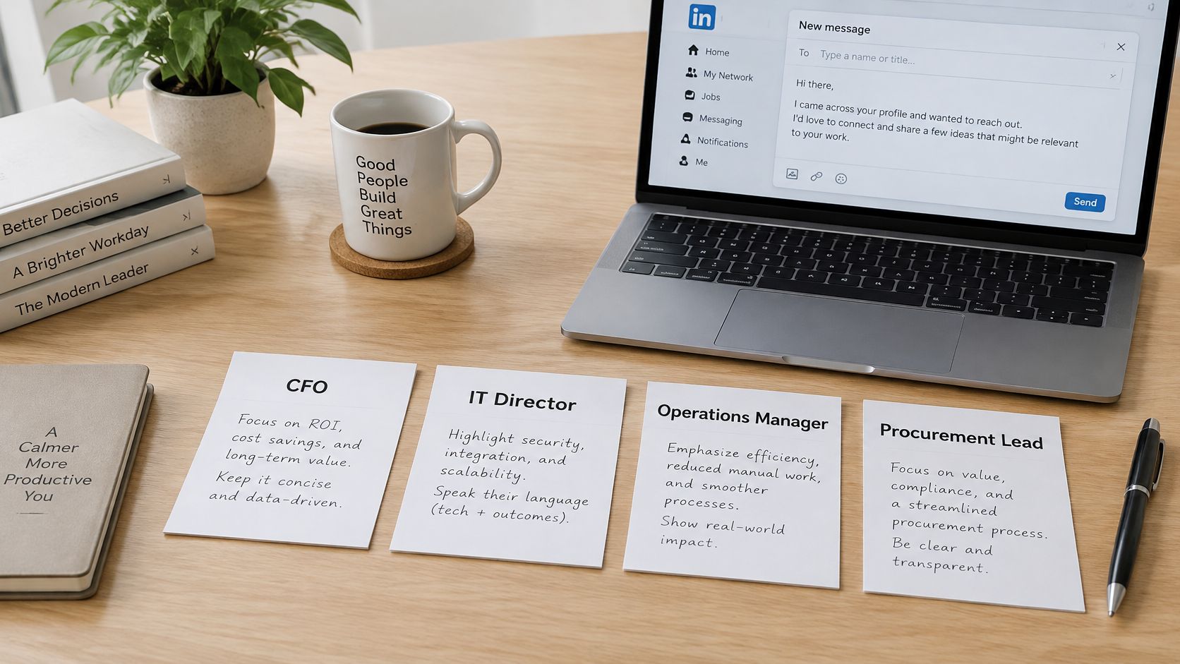 A workspace with a laptop, LinkedIn messaging open, and note cards outlining communication strategies for business roles.