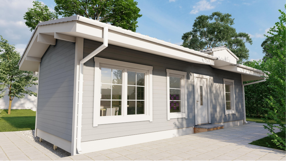 Holz Bungalow in L Form. Schwedenhaus Bungalow
