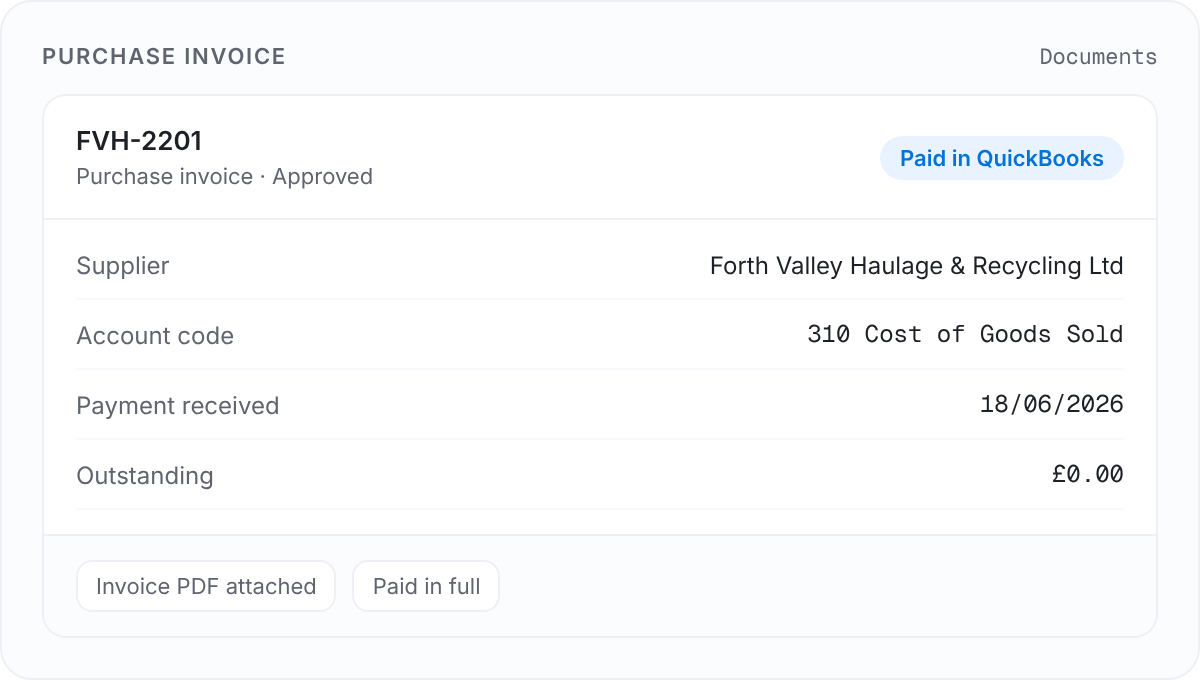 Purchase invoice marked paid in QuickBooks