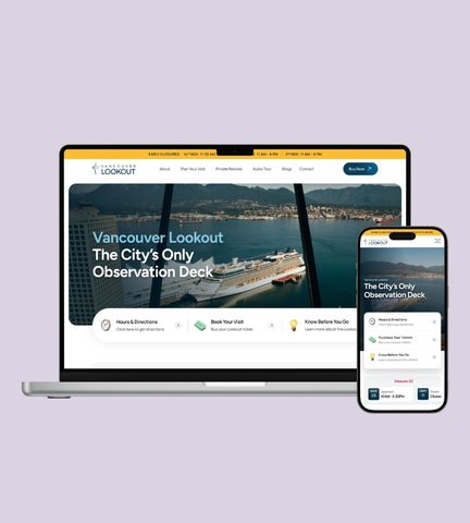 Vancouver Lookout homepage redesign by Saffron Creative featuring updated visitor information and panoramic Vancouver views