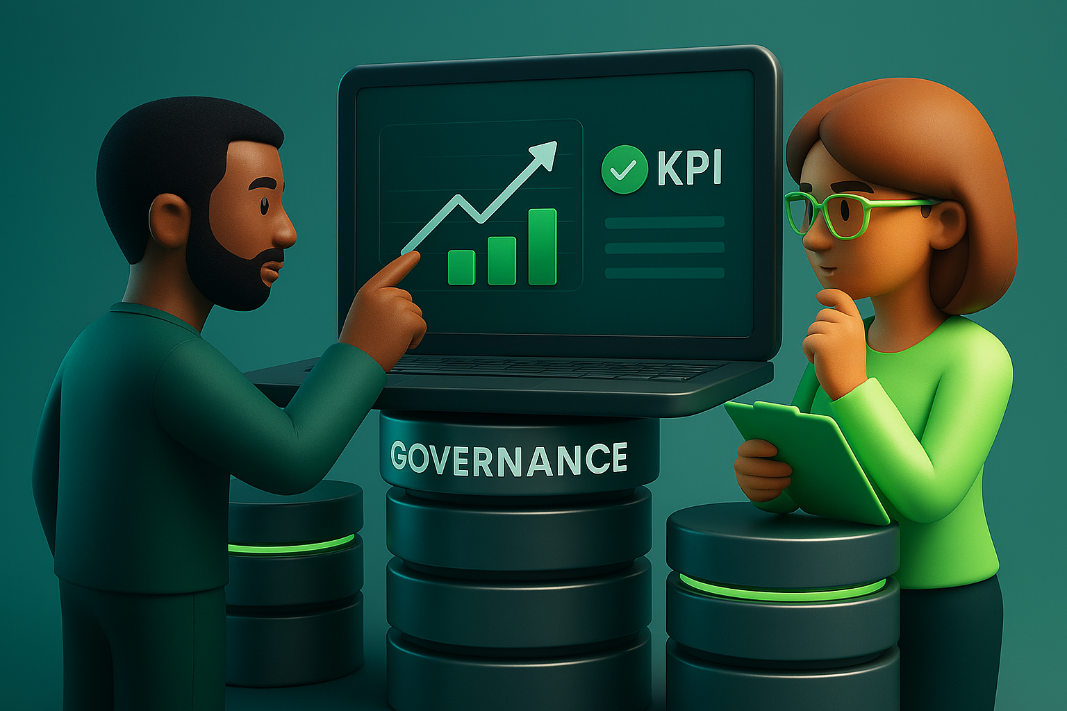 3D-Illustration von zwei Business-Personen, die an einem Laptop mit KPI-Dashboard arbeiten, unterstützt von Governance-Säulen aus Datenbanken – symbolisiert klare KPI-Definitionen und Vertrauen in moderne Datenplattformen.