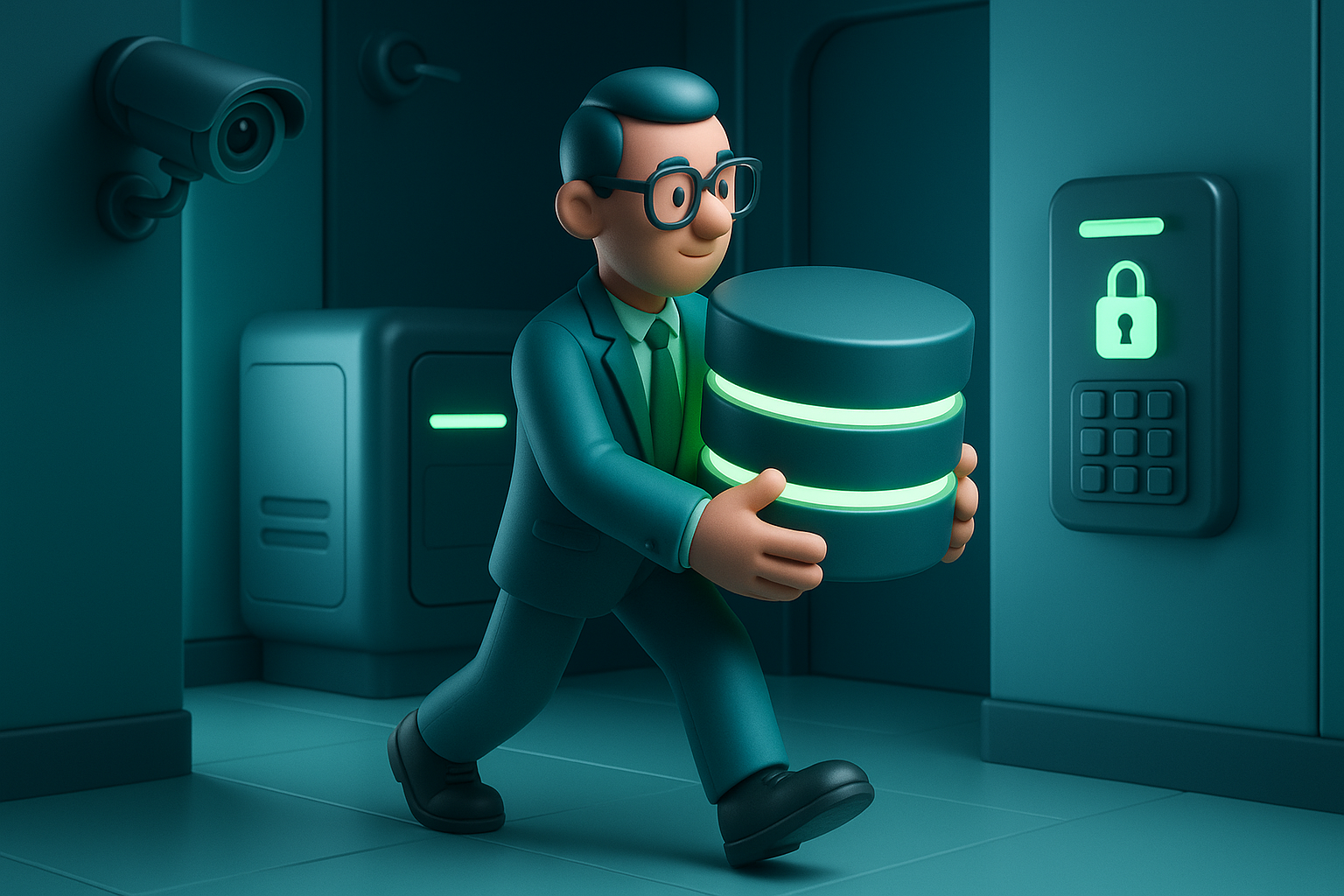 3D-Illustration eines Beraters in einem Hightech-Sicherheitsraum, der eine leuchtende Datenbank trägt – Symbol für moderne Zugriffskontrolle, Vertrauen und Datensicherheit.