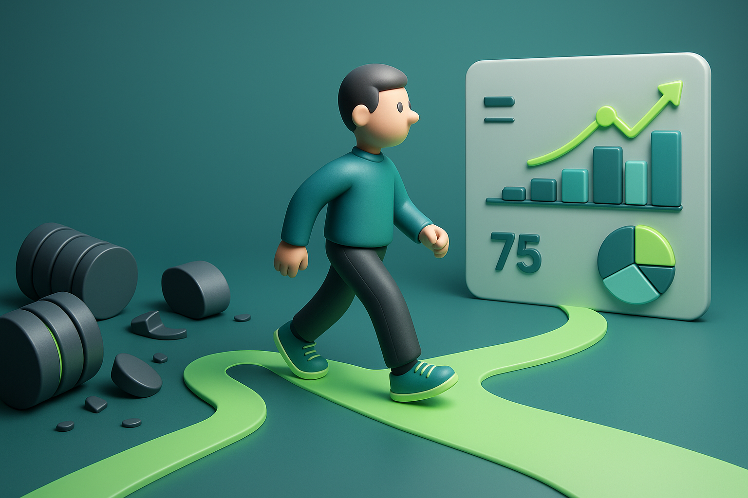 3D-Illustration einer Person, die auf einem leuchtenden Pfad von chaotischen, umgekippten Datenbanken hin zu klaren, wachsenden Diagrammen geht – symbolisiert Datenstrategie, Transformation und Geschäftserfolg im Mittelstand