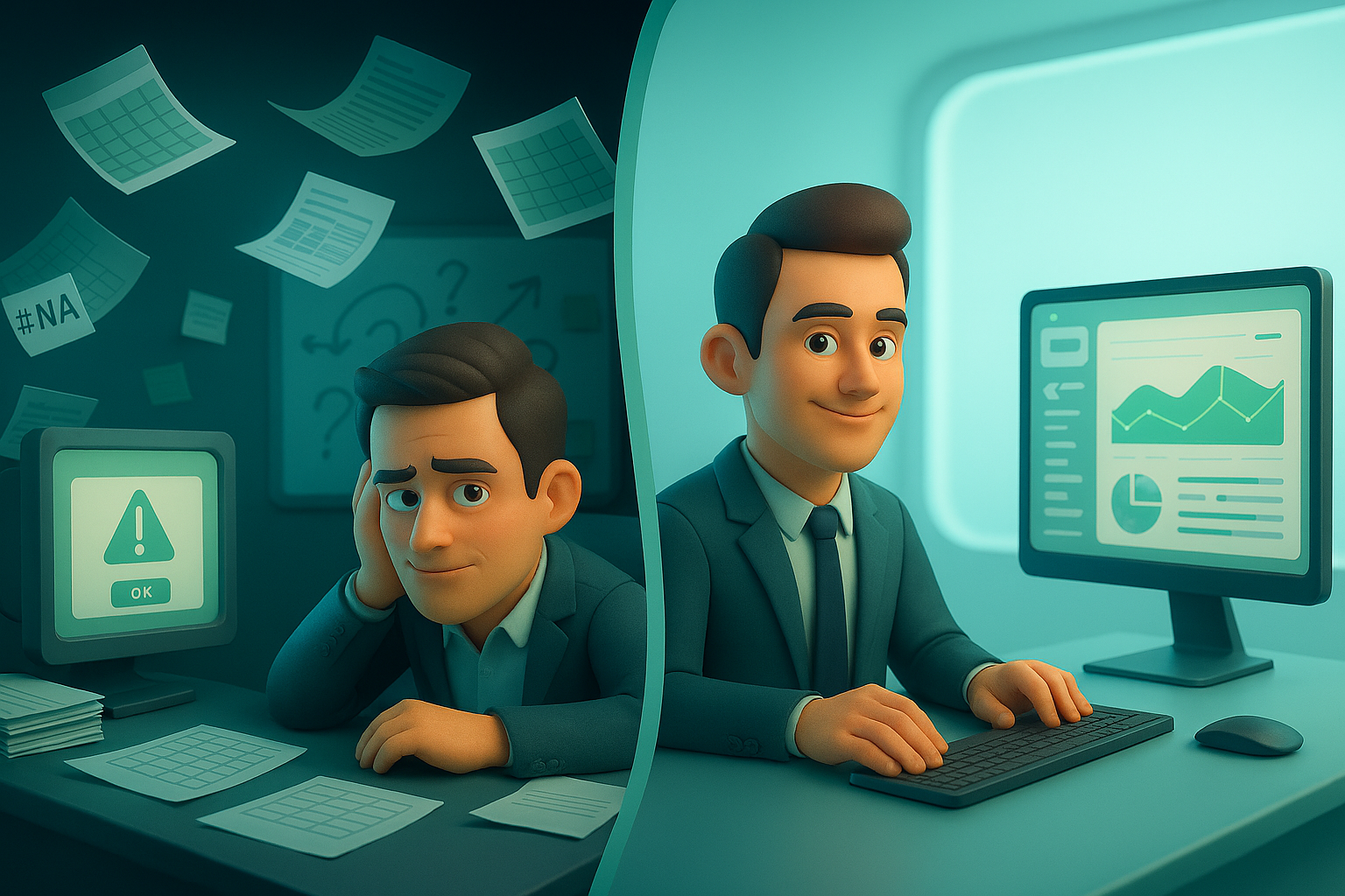 Illustration eines Vertriebsleiters vor und nach der digitalen Transformation: Links überfordert mit Excel-Chaos, rechts fokussiert vor einem modernen Vertriebs-Dashboard – symbolisiert den Wandel durch automatisiertes Reporting im Mittelstand.