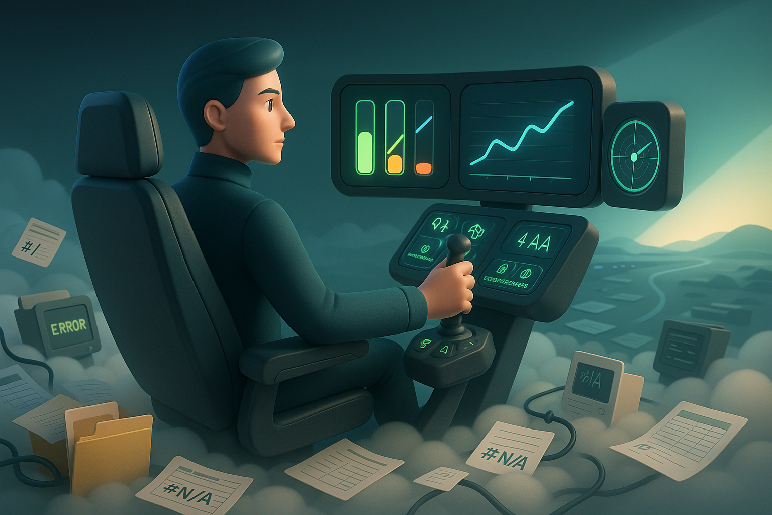 3D-Illustration eines CFOs im futuristischen Reporting-Cockpit über einer Wolke aus Excel-Chaos. Das Bild zeigt ein klares Dashboard mit KPIs, Charts und Automatisierungshebel, während unten fehlerhafte Excel-Dateien und alte Monitore schweben. Symbolisier