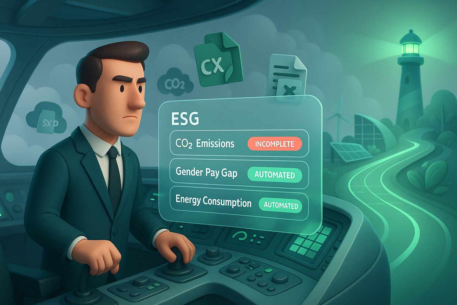 3D-Illustration eines CFOs auf futuristischer Brücke, der ESG-Daten auf einem digitalen Dashboard überwacht; im Hintergrund ein Leuchtturm als Symbol für klare Datenstrategie und automatisiertes Nachhaltigkeitsreporting im Mittelstand