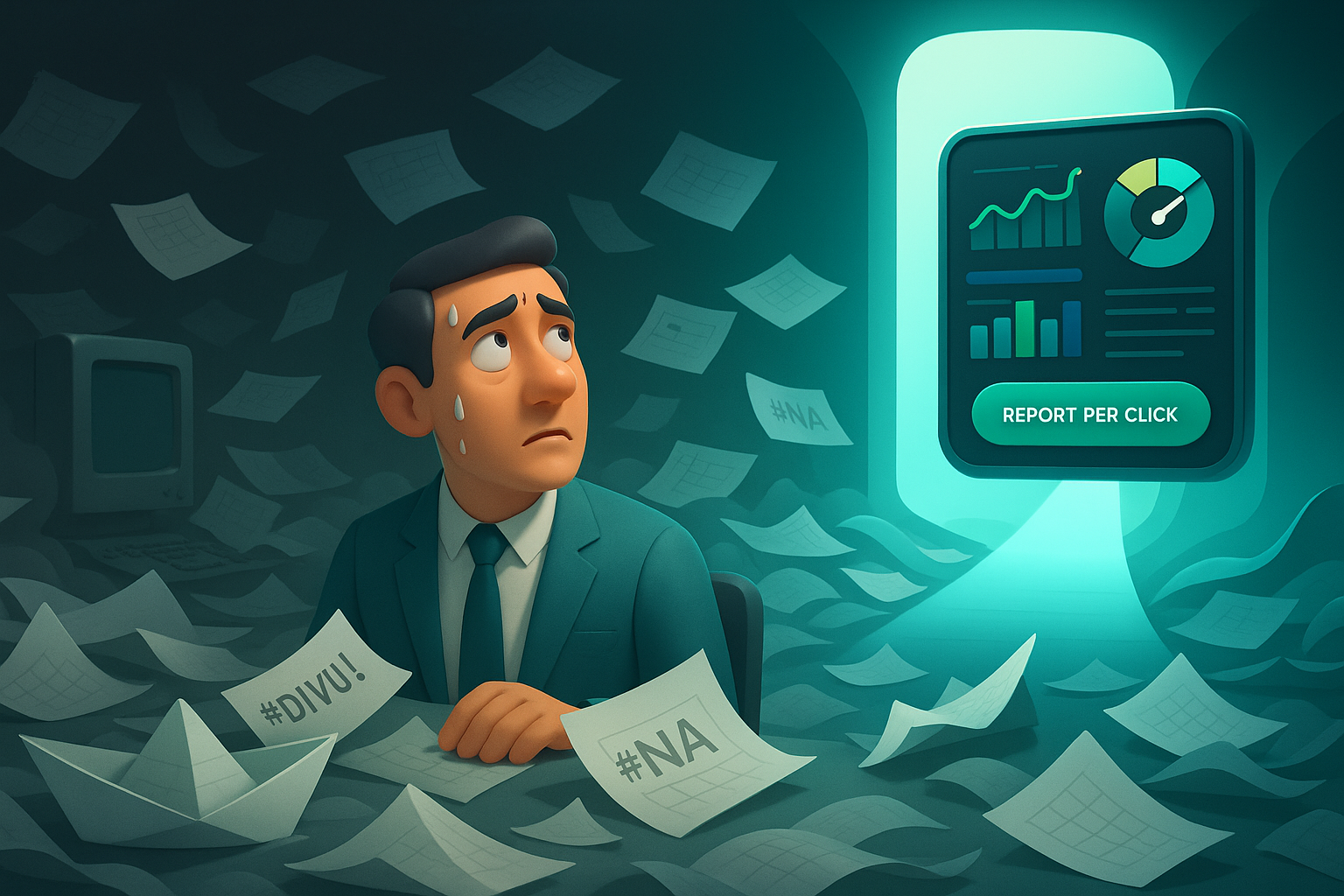 Gestresster CFO im Excel-Chaos mit Fehlern wie “#DIV/0!”, daneben ein klares Dashboard mit „Report per Click“ – symbolisiert den Wandel zu automatisiertem Reporting.
