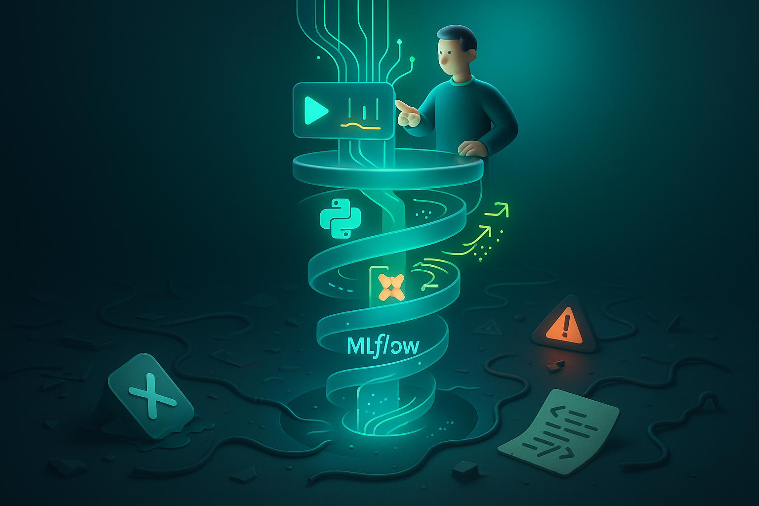 3D-Illustration eines leuchtenden Workflow-Turms mit Python, dbt und MLflow, der sich aus einem Datenchaos erhebt – Metapher für orchestrierte Automatisierung mit Databricks.