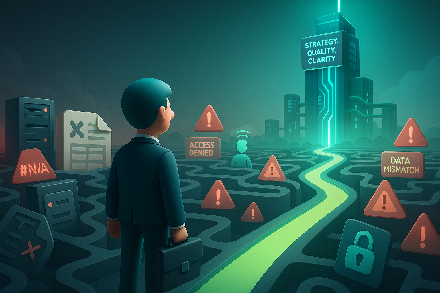 3D-Illustration eines Geschäftsführers am Eingang eines Datenlabyrinths mit Fehlerwarnungen – im Hintergrund leuchtet ein BI-Tower mit dem Slogan ‚Strategy. Quality. Clarity.‘