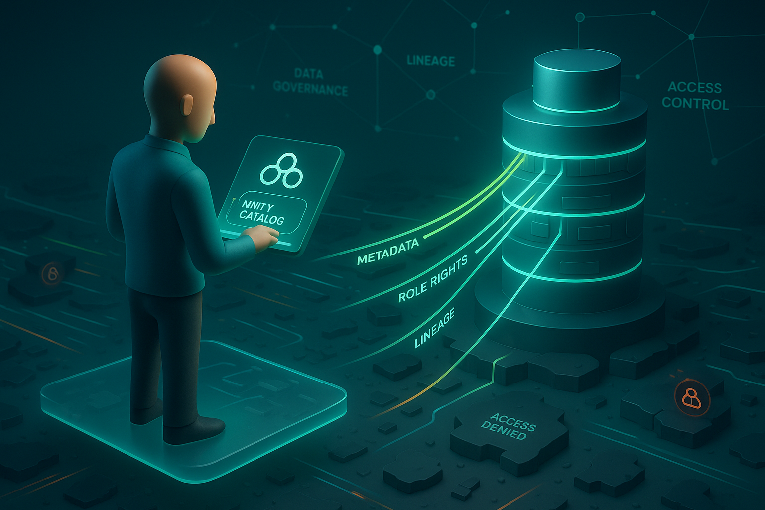 3D-Illustration eines Datenverantwortlichen mit Unity Catalog Konsole, der strukturierte Datenströme in einen Datenturm lenkt – Symbol für Data Governance, Lineage und Zugriffskontrolle mit Databricks