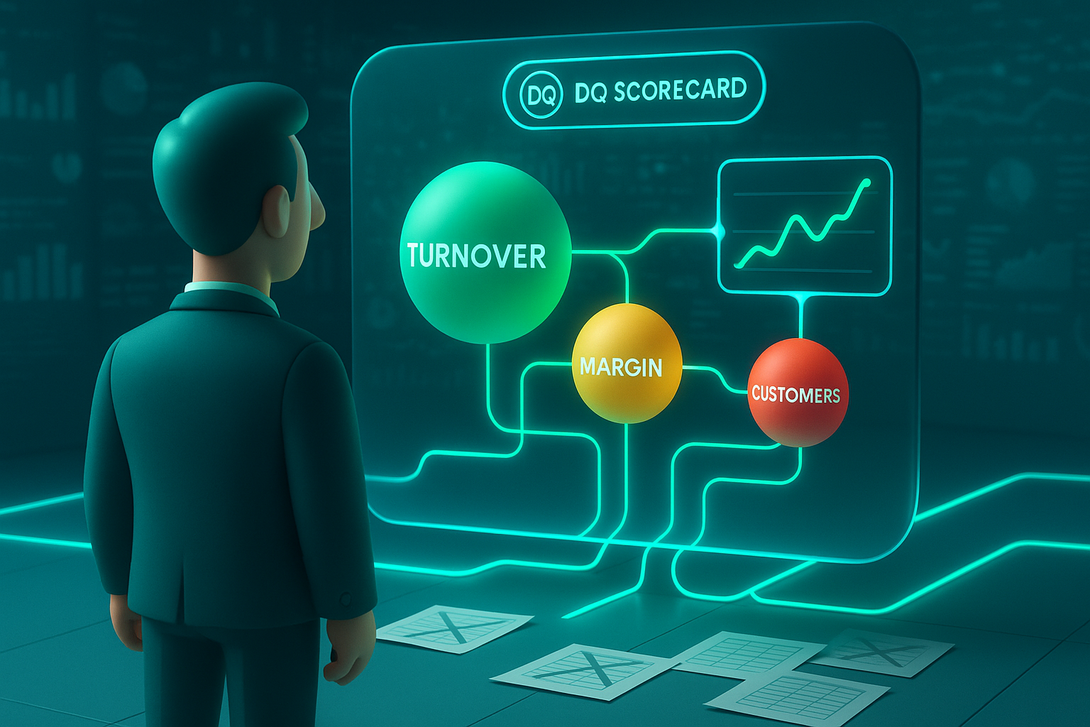 3D-Illustration eines futuristischen DQ Scorecard Dashboards mit KPI-Ampelsystem für Umsatz, Marge und Kunden. Ein Entscheider blickt auf eine holographische Datenanzeige, während veraltete Excel-Blätter den Boden bedecken – Symbol für den Wandel zu modern
