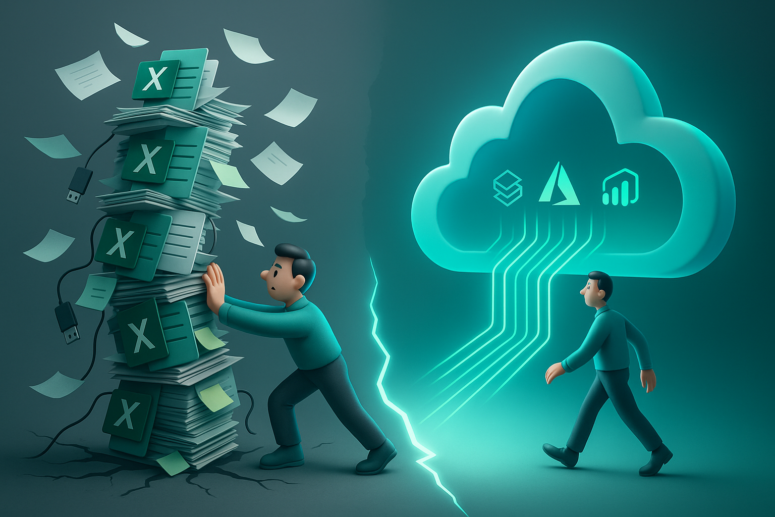 3D-Illustration zeigt den Übergang von chaotischem Excel-Reporting zu einer modernen Cloud-Datenplattform mit Databricks, Azure und Power BI. Links ein wackeliger Excel-Datenturm, rechts eine leuchtende Cloud, die Automatisierung und Ordnung symbolisiert.