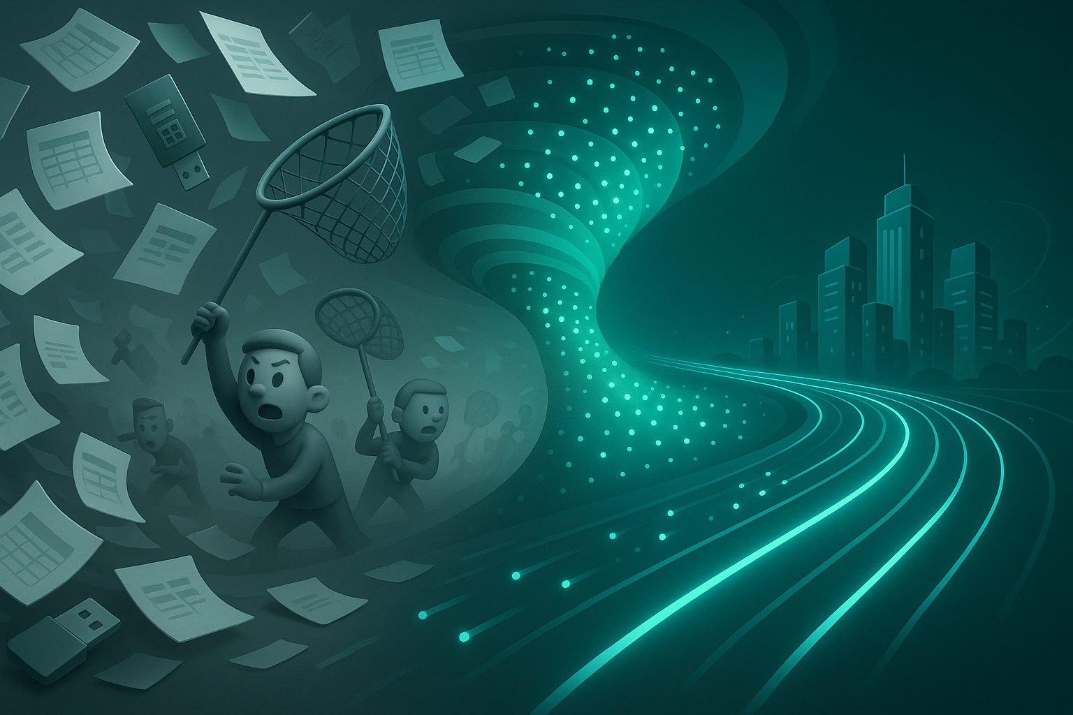 3D-Illustration im futuristischen Stil: Chaos aus Excel-Tabellen und USB-Sticks wird durch einen leuchtenden Daten-Trichter in eine geordnete Datenautobahn transformiert, die zu einer modernen Skyline führt.