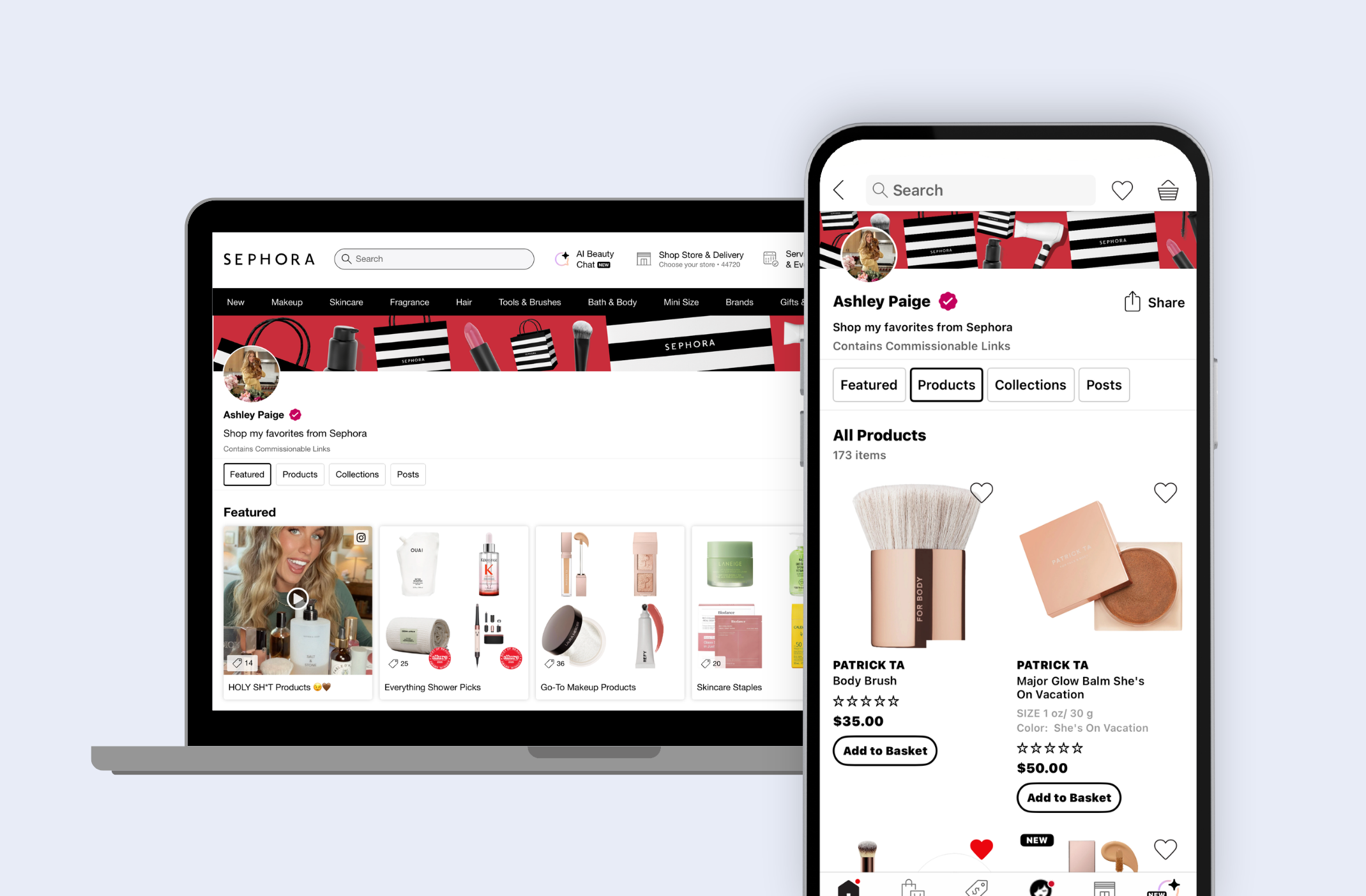 Sephora creator storefront powered by Motom, showcasing a white-labeled social commerce experience built directly into Sephora's website and app.