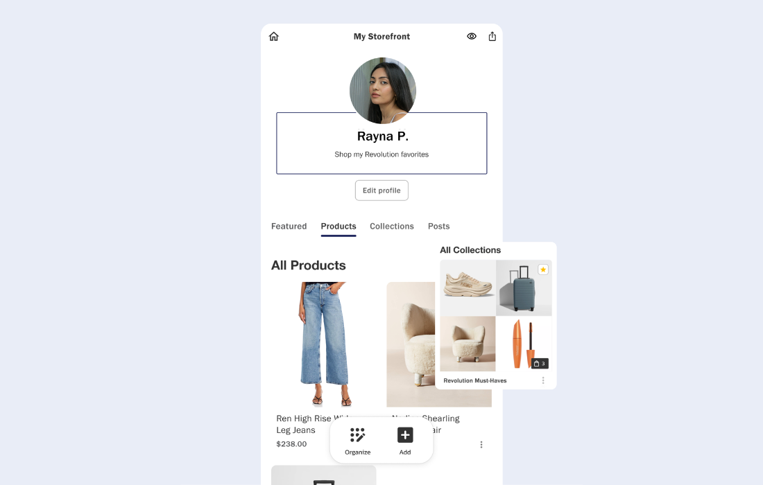 Motom creator storefront showing a creator’s curated product collections for a dedicated brand.