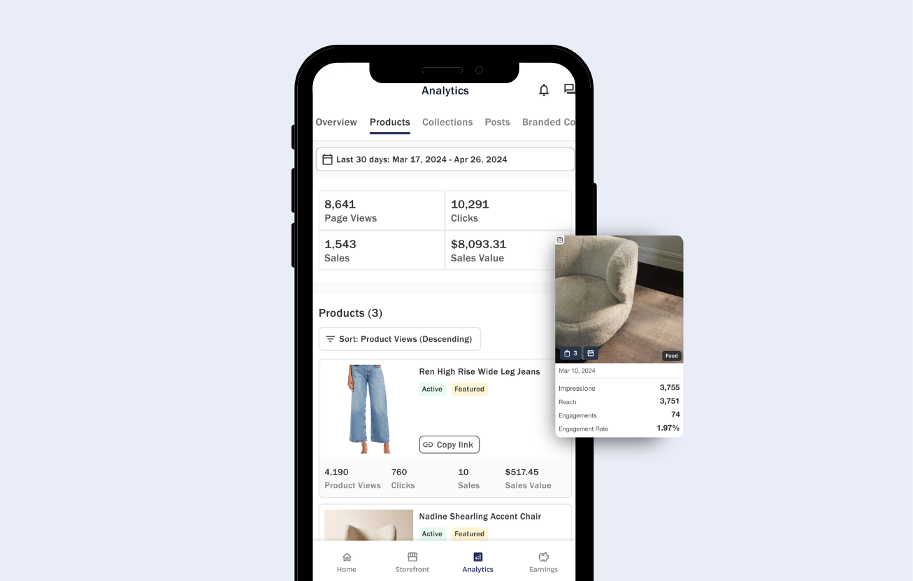 Motom creator analytics dashboard showing product-level performance data including page views, clicks, sales, and sales value alongside linked Instagram post metrics