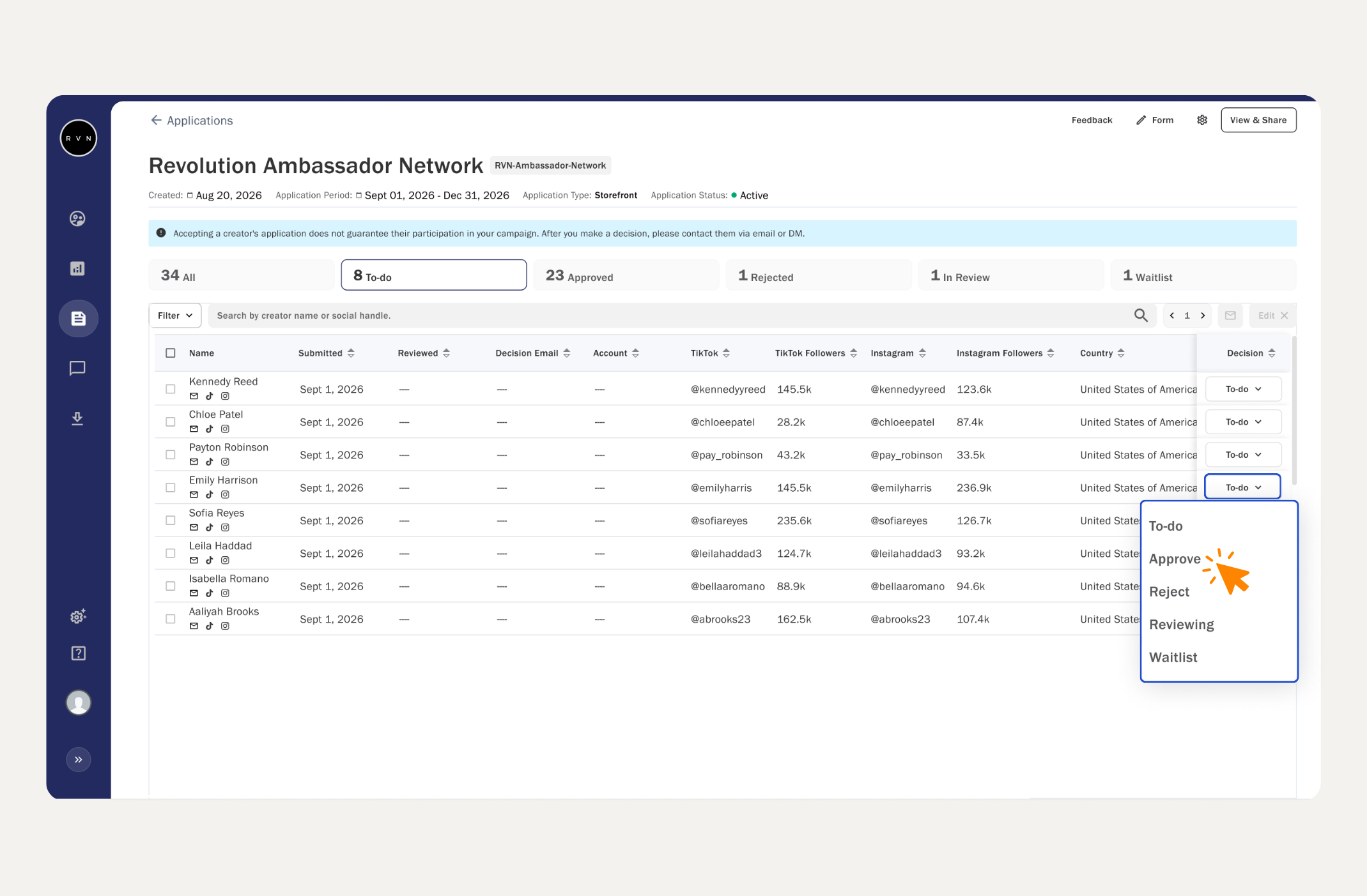Motom creator recruitment dashboard showing a list of creator applicants and a dropdown menu for approving, rejecting, reviewing, or waitlisting each application.