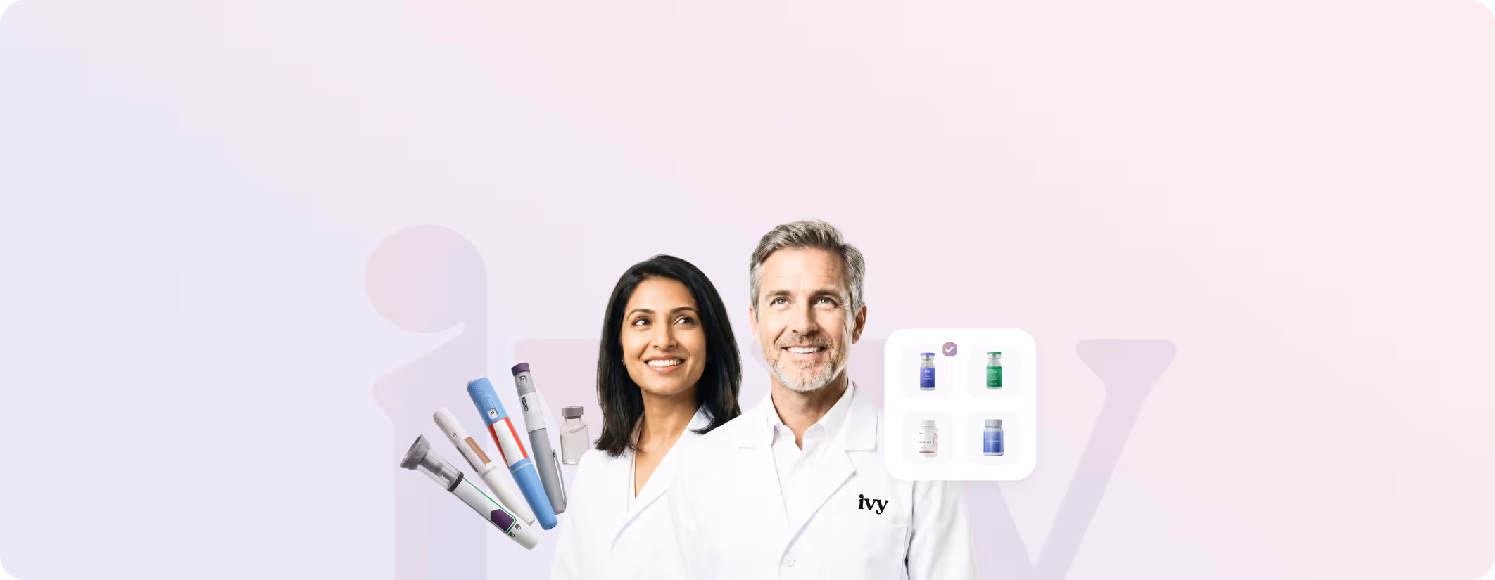 Smiling man in a white lab coat with medical injection devices and medication bottles in background, with the word ivy faintly visible.