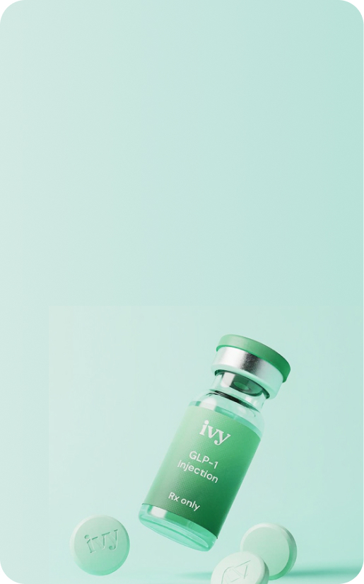 Green vial labeled 'ivy GLP-1 Injection Rx only' floating above a matching green surface.