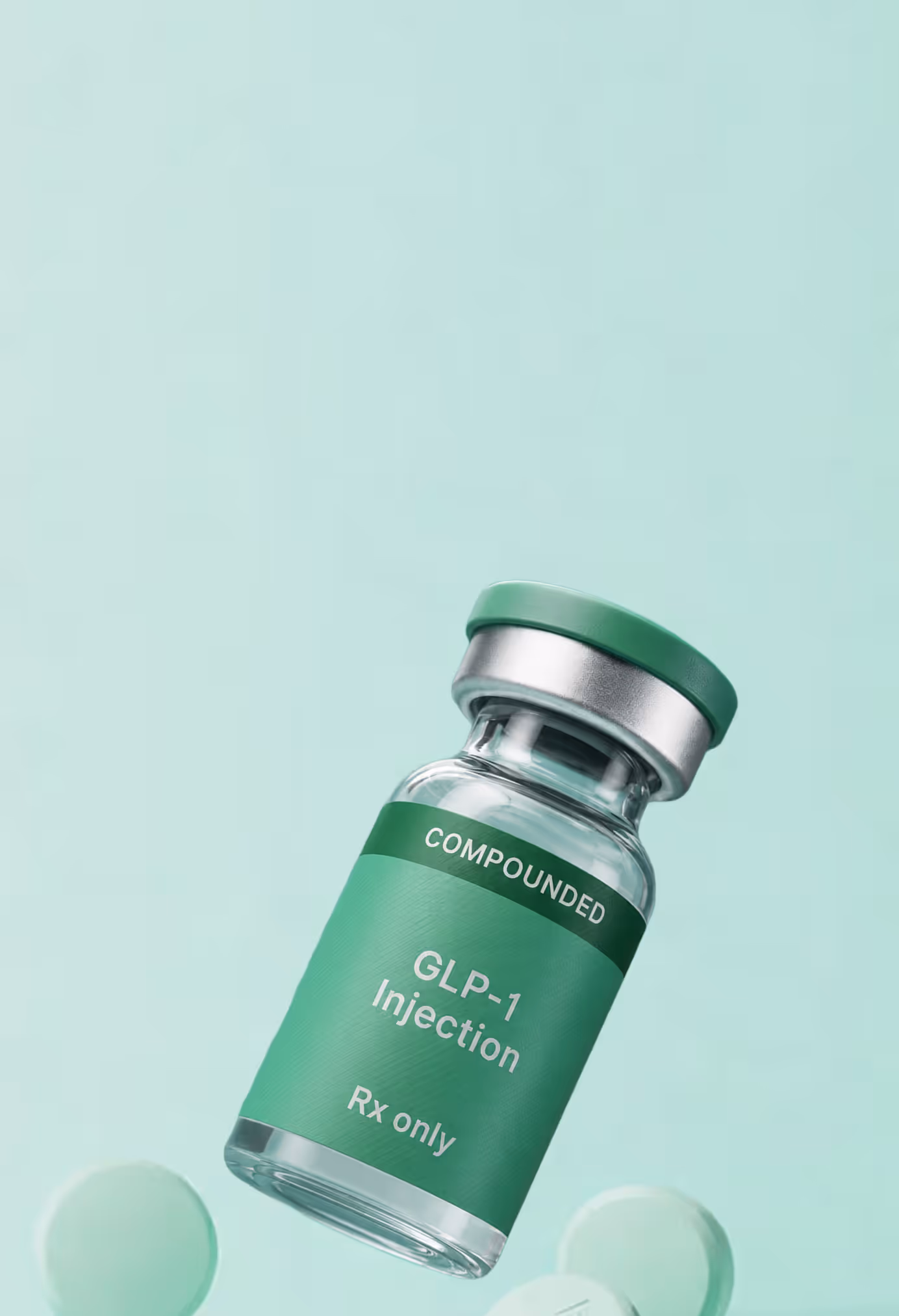 Green vial labeled 'ivy GLP-1 Injection Rx only' floating above a matching green surface.