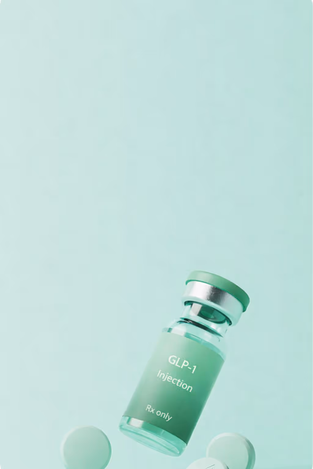 Green vial labeled 'ivy GLP-1 Injection Rx only' floating above a matching green surface.