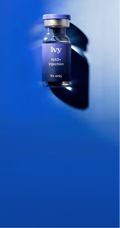 Green vial labeled 'ivy GLP-1 Injection Rx only' floating above a matching green surface.