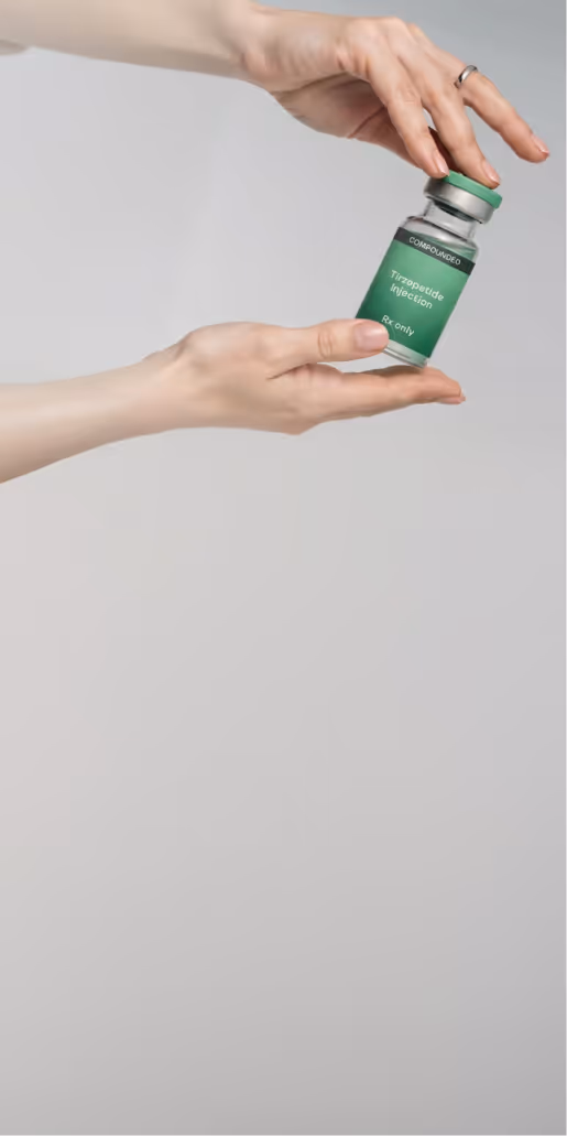 Green vial labeled 'ivy GLP-1 Injection Rx only' floating above a matching green surface.