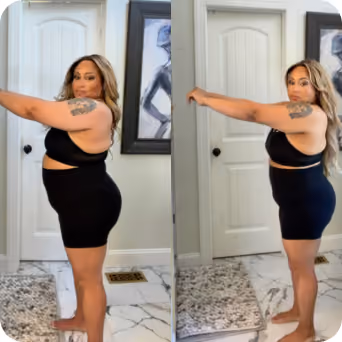 Side-by-side before and after photos of a woman showing weight loss progress in black outfit.