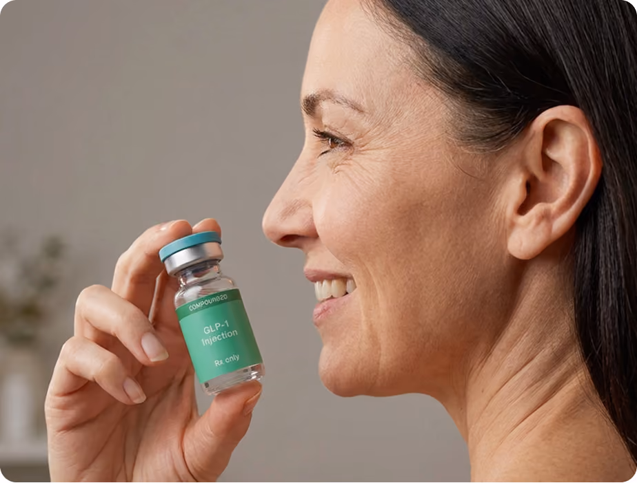 Smiling woman with curly hair holding a small vial labeled 'ivy GLP-1 Injection Rx only' against a teal background.