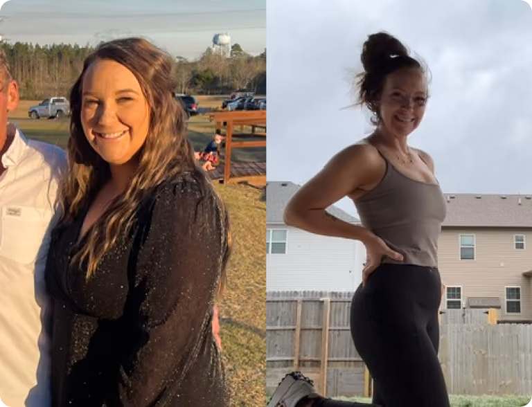 Side-by-side before and after photos of a woman smiling outdoors, showing weight loss transformation.