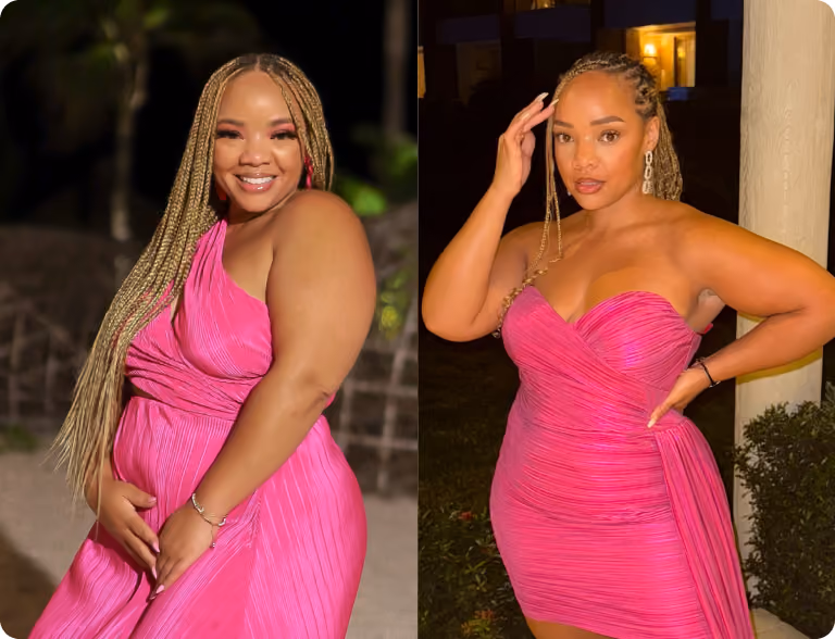 Two photos of a woman with braided hair wearing a bright pink sleeveless dress, smiling and posing outdoors.