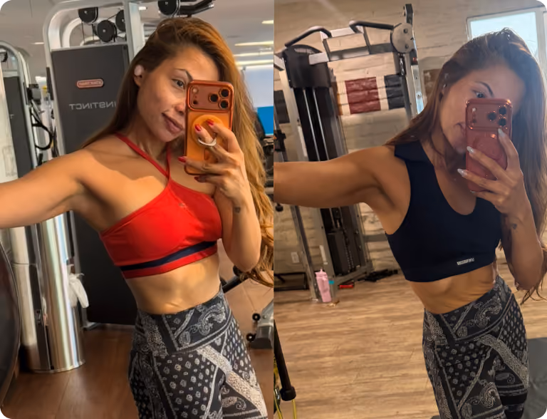 Side-by-side gym selfies of a woman showing toned arms and abs wearing red and black sports tops.
