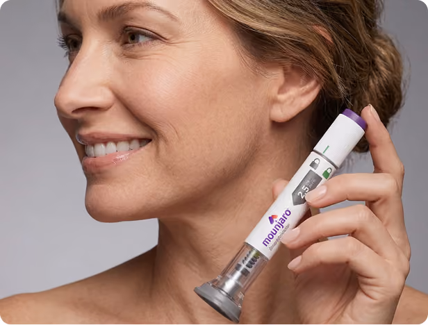 Smiling woman with curly hair holding a small vial labeled 'ivy GLP-1 Injection Rx only' against a teal background.