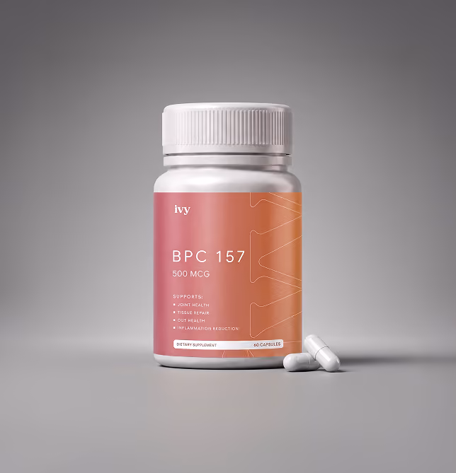 Bottle of Ivy BPC 157 dietary supplement with 500 mcg per capsule, supporting joint health, tissue repair, gut health, and inflammation reduction, accompanied by two white capsules on a gray surface.