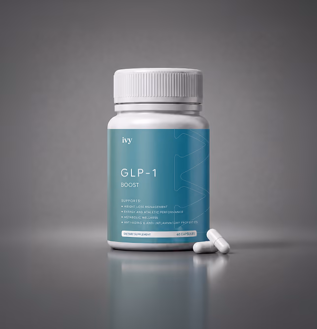 White plastic bottle labeled 'ivY GLP-1 Boost' dietary supplement with teal label listing benefits like weight management, energy, metabolic wellness, and anti-aging; two white capsules lay beside it on reflective surface with gray background.