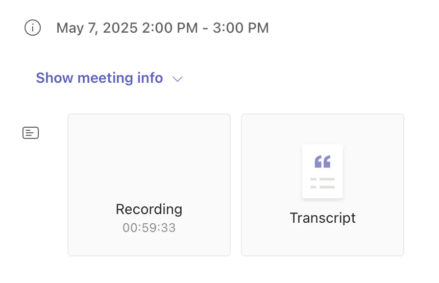 Screenshot of microsoft teams meeting info, link to recording and meeting transcript