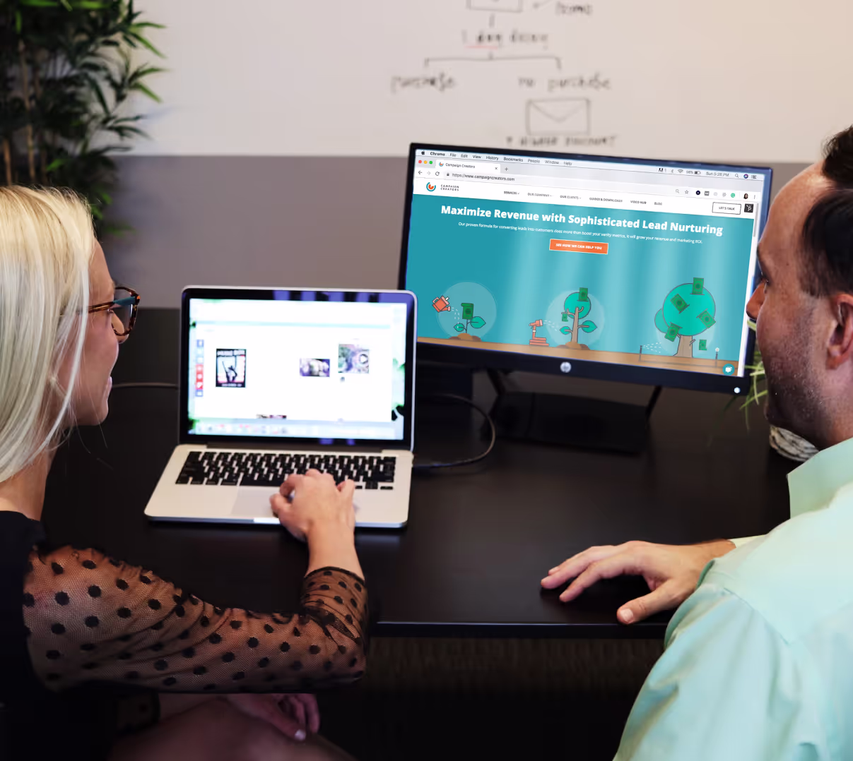 Two people reviewing a high converting custom landing page.