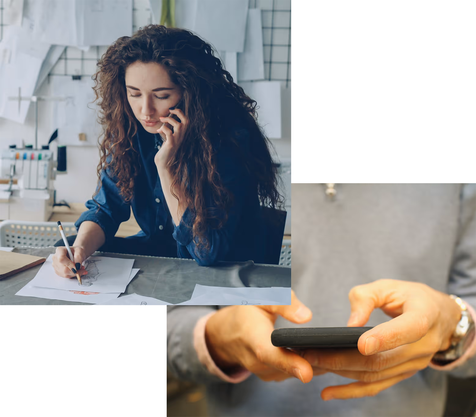 Woman on a phone and man texting