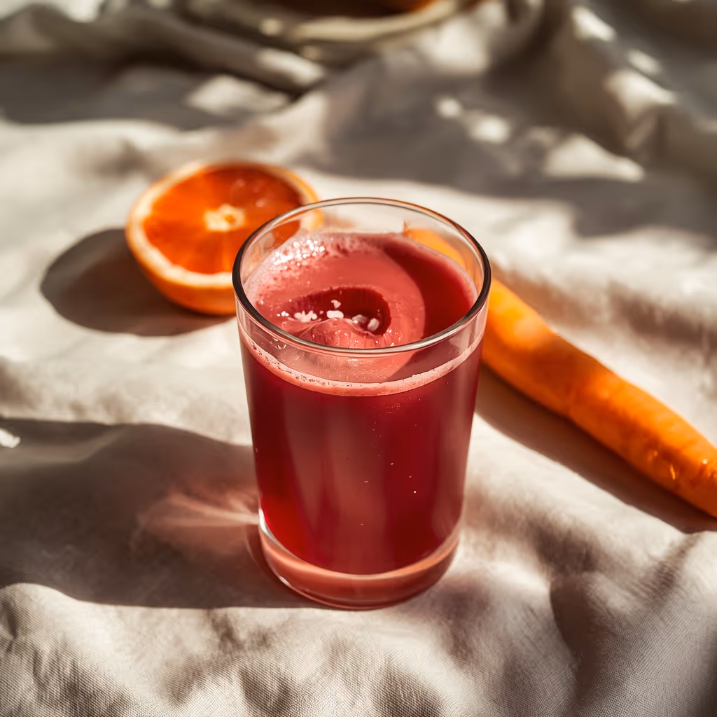 Packshot produit food IA — jus de fruit framboise rose sur fond épuré — FabFood