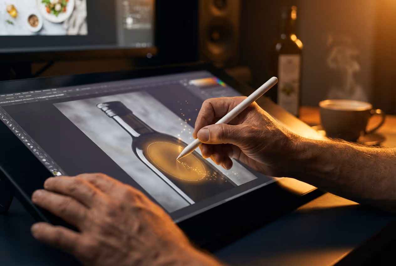 IA retouche packshot vin tablette graphique — FabFood