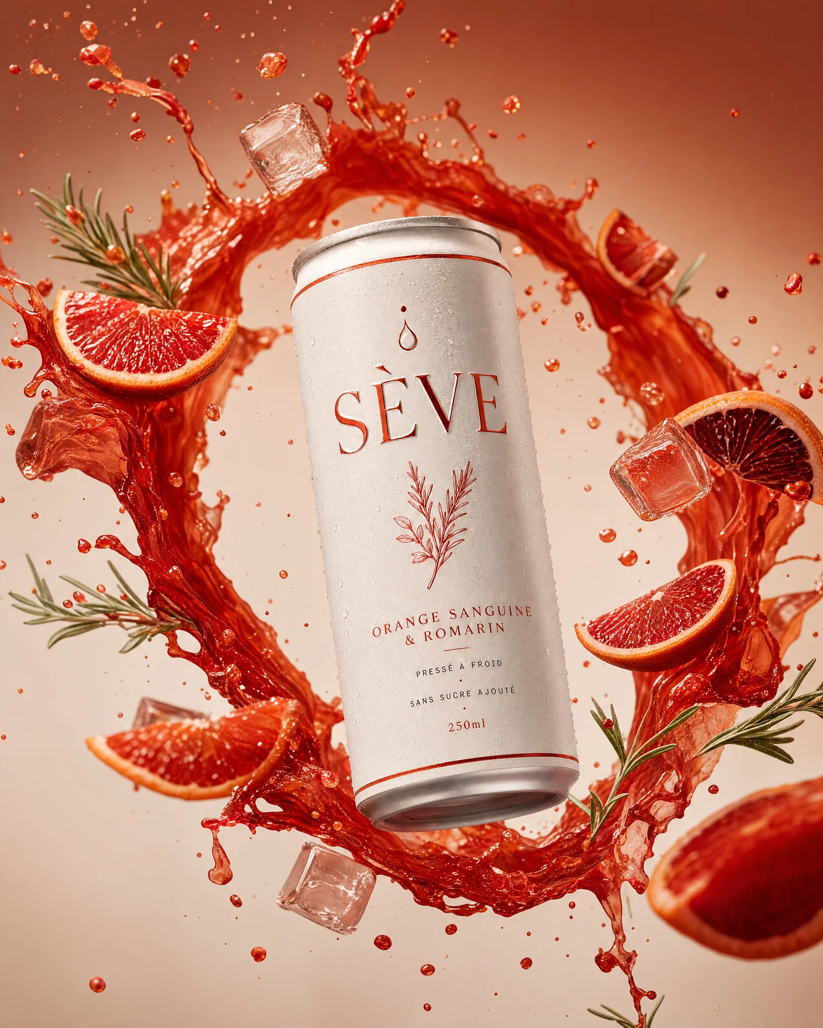 Packshot canette SÈVE lévitation splash — IA générative