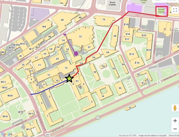 Map showing walking routes to Edgerton with a red and blue path marked, a black star indicating Edgerton, surrounding labeled buildings, streets, and a nearby river.