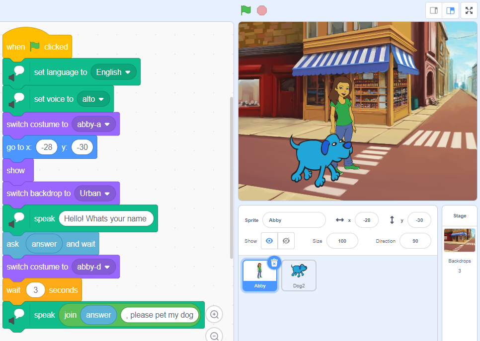 Screenshot of a Scratch project with coding blocks on the left and a stage on the right showing a cartoon girl and a blue dog at an urban crosswalk.