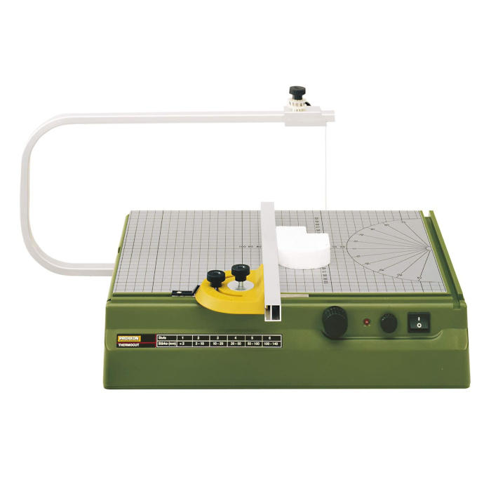 Green Proxxon Thermocut hot wire foam cutter with a grid cutting surface and adjustable guide arm.