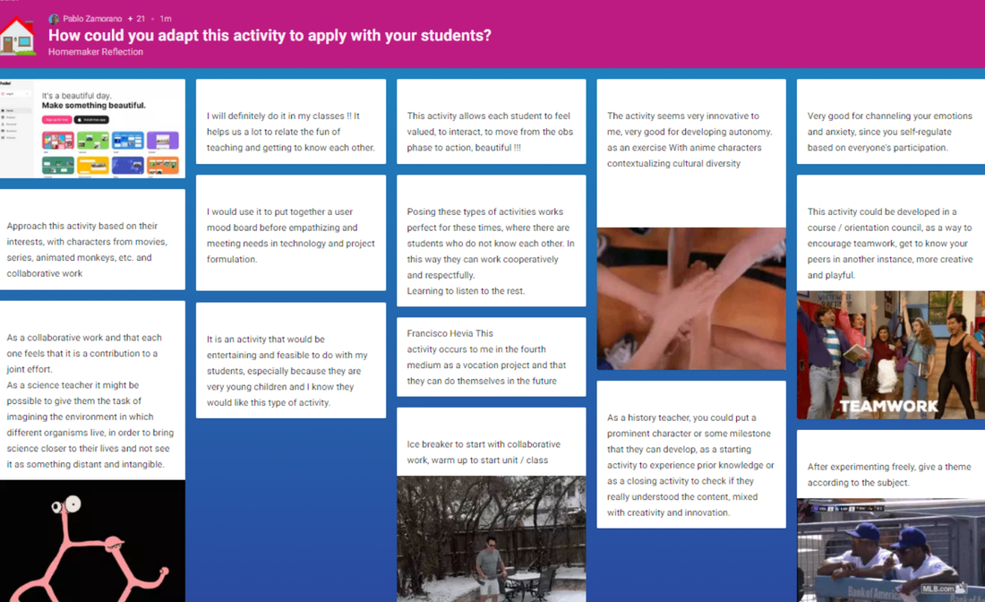 Screenshot of an online discussion titled 'How could you adapt this activity to apply with your students?' showing multiple text comments on adapting an educational activity for student engagement, with two images: a group hands teamwork photo and a photo of two baseball coaches in discussion.