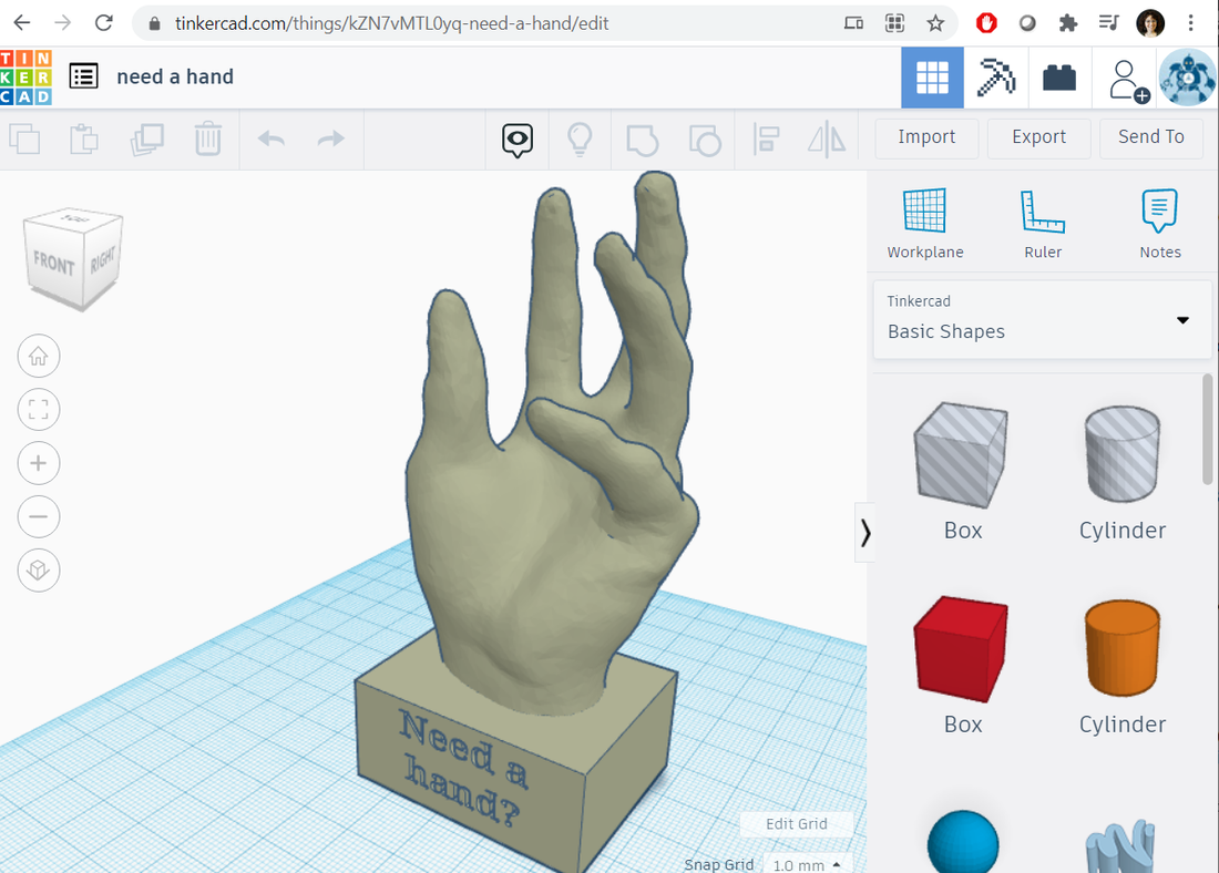 3D modeling software showing a hand sculpture on a rectangular base with the text 'Need a hand?' engraved on it.
