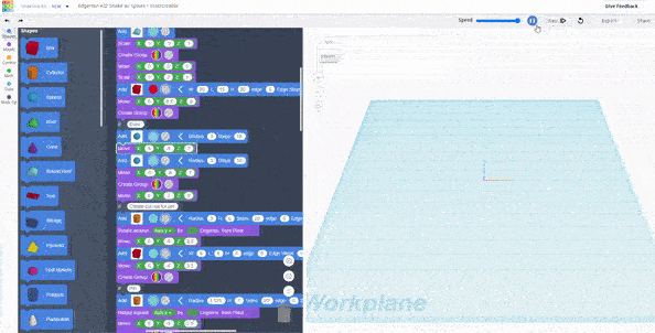 Animation of Tinkercad Codeblocks interface showing visual code blocks on the left and a 3D workplane on the right where a cube is dynamically generated and resized.