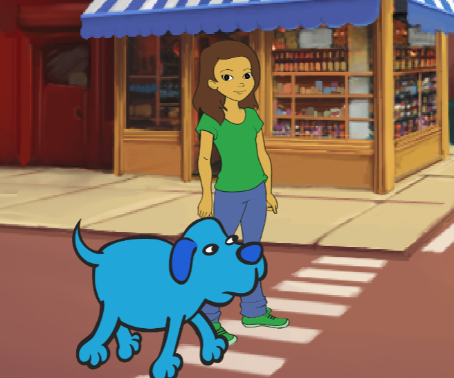 Cartoon girl in green shirt and blue jeans standing on a street corner with a blue dog crossing a zebra crossing.