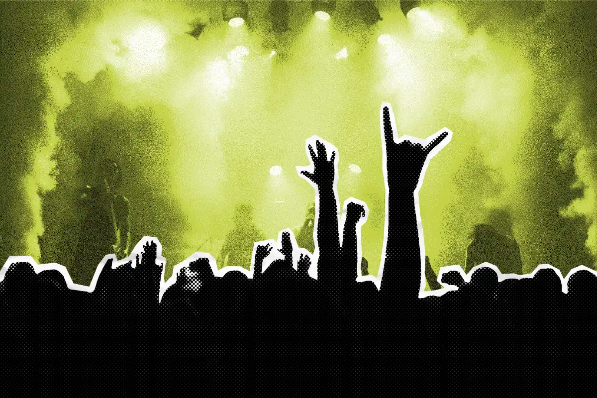 Fans at a music show with hands in the air.